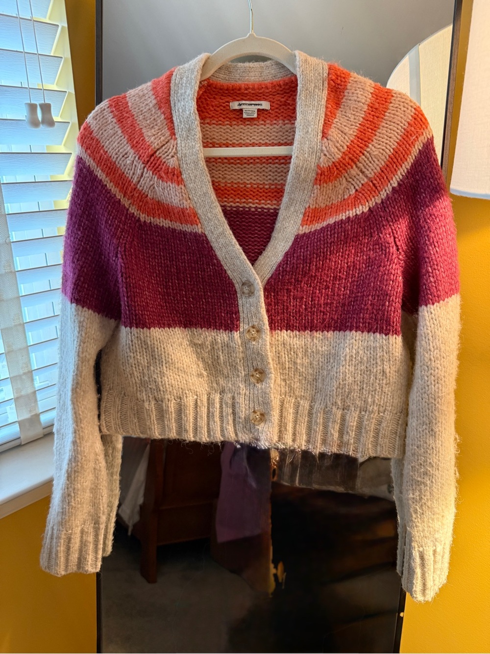 American Eagle Outfitters Striped V-Neck Button Cardigan - Pink, Orange, Cream